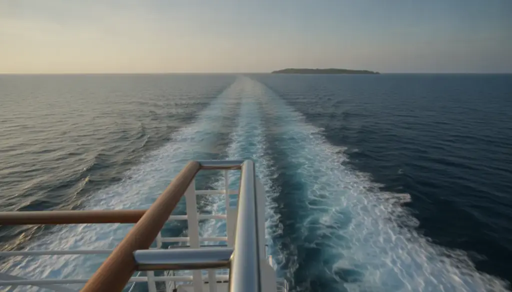 A ship's wake trailing toward a low island at sunset