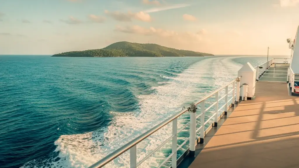 The stern rail of a cruise ship above its white wake, a green island on the horizon