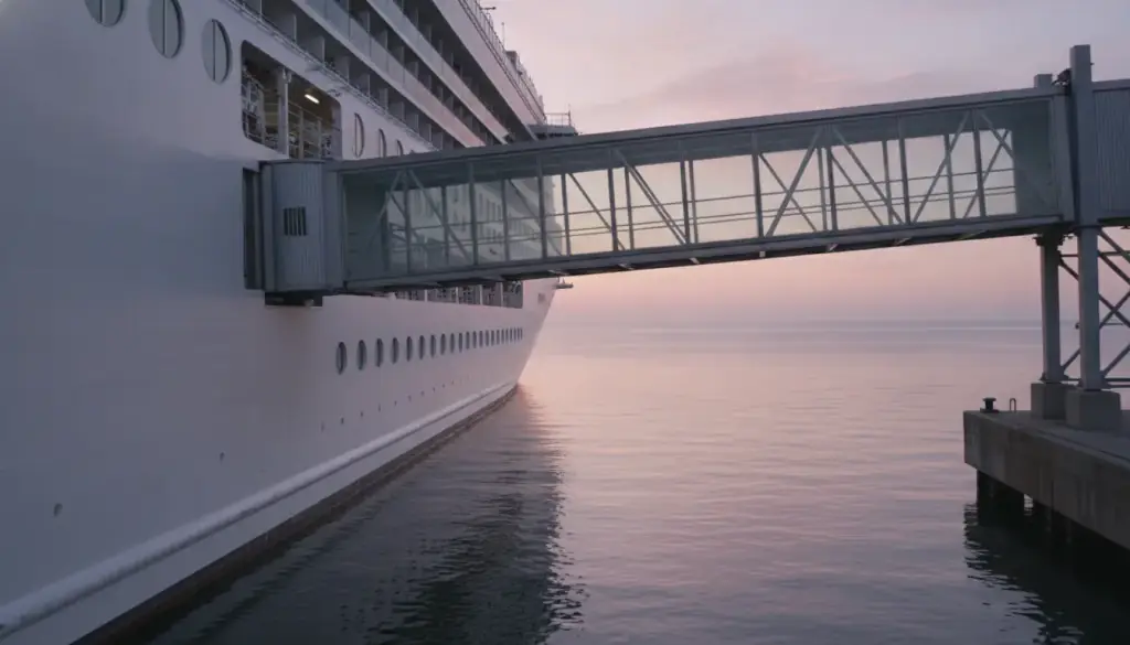 An empty covered gangway leading up to the hull of a docked cruise ship at dawn