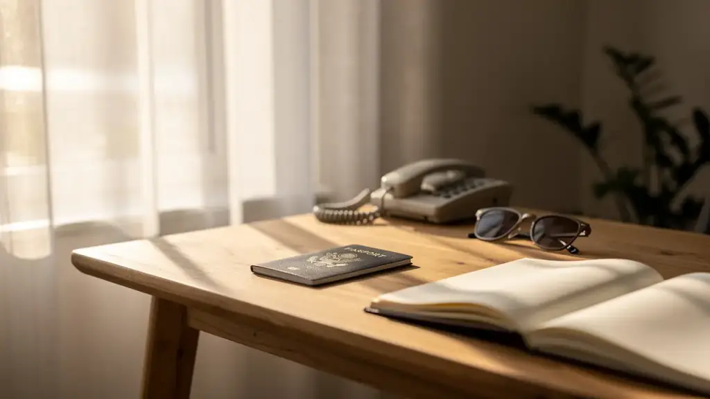 A passport, sunglasses and a desk phone beside an open notebook on a sunny desk