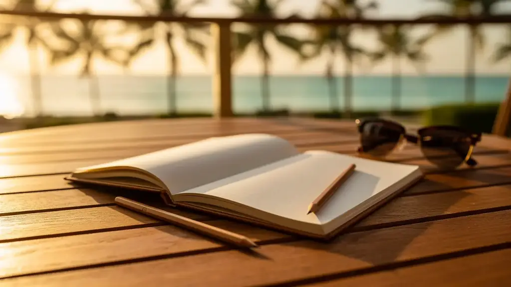 An open travel journal and a pencil on a teak table, the sea soft behind