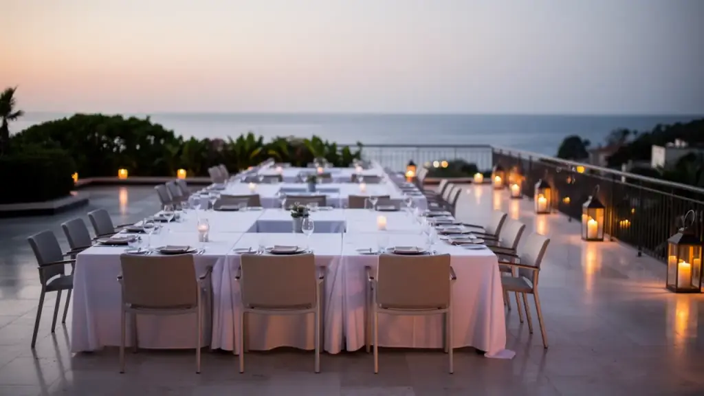 Linen-dressed dining tables on a resort terrace at dusk, lanterns lit along the rail