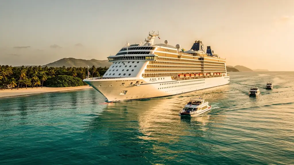 A white cruise ship anchored off a turquoise bay with tender boats heading to a palm-lined beach