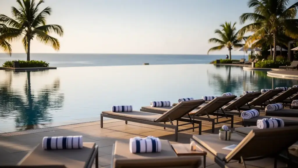 A long infinity pool lined with empty loungers and striped towels, palms and sea beyond