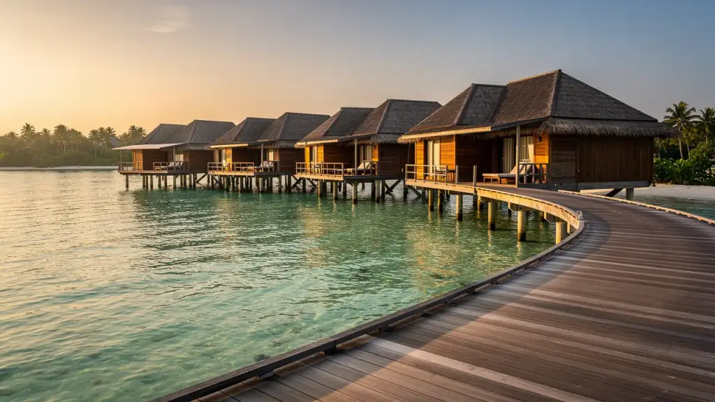 Overwater bungalows on stilts above a clear lagoon, reached by a curving wooden walkway