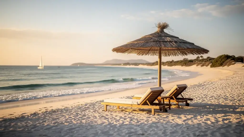 Two empty loungers under a thatched umbrella on a white-sand beach at golden hour